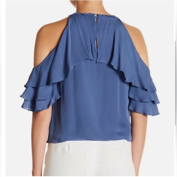 ALICE & OLIVIA Blue Idalla Silk Ruffled cold shoulder Blouse size M - Picture 2 of 15